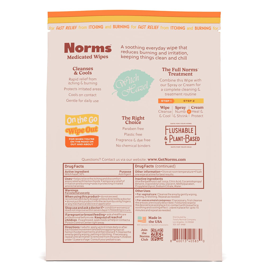 Norms Wipe Outs Hemorrhoid Wipes, 24 Individually Wrapped Witch Hazel Wipes with Aloe to Soothe and Cool Itching, Burning and Irritation, Flushable Septic Safe, Plant Based & Plastic-Free NormsBuy Supplements Australia