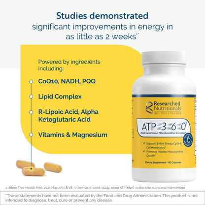 Researched Nutritionals ATP 360 - Mitochondrial Supplements to Support Entire Energy Cycle & Cell Membranes - Clinically Researched ATP Supplements, High Dose CoQ10, R-Lipoic Acid & PQQ, 90 Capsules Researched NutritionalsBuy Supplements Australia