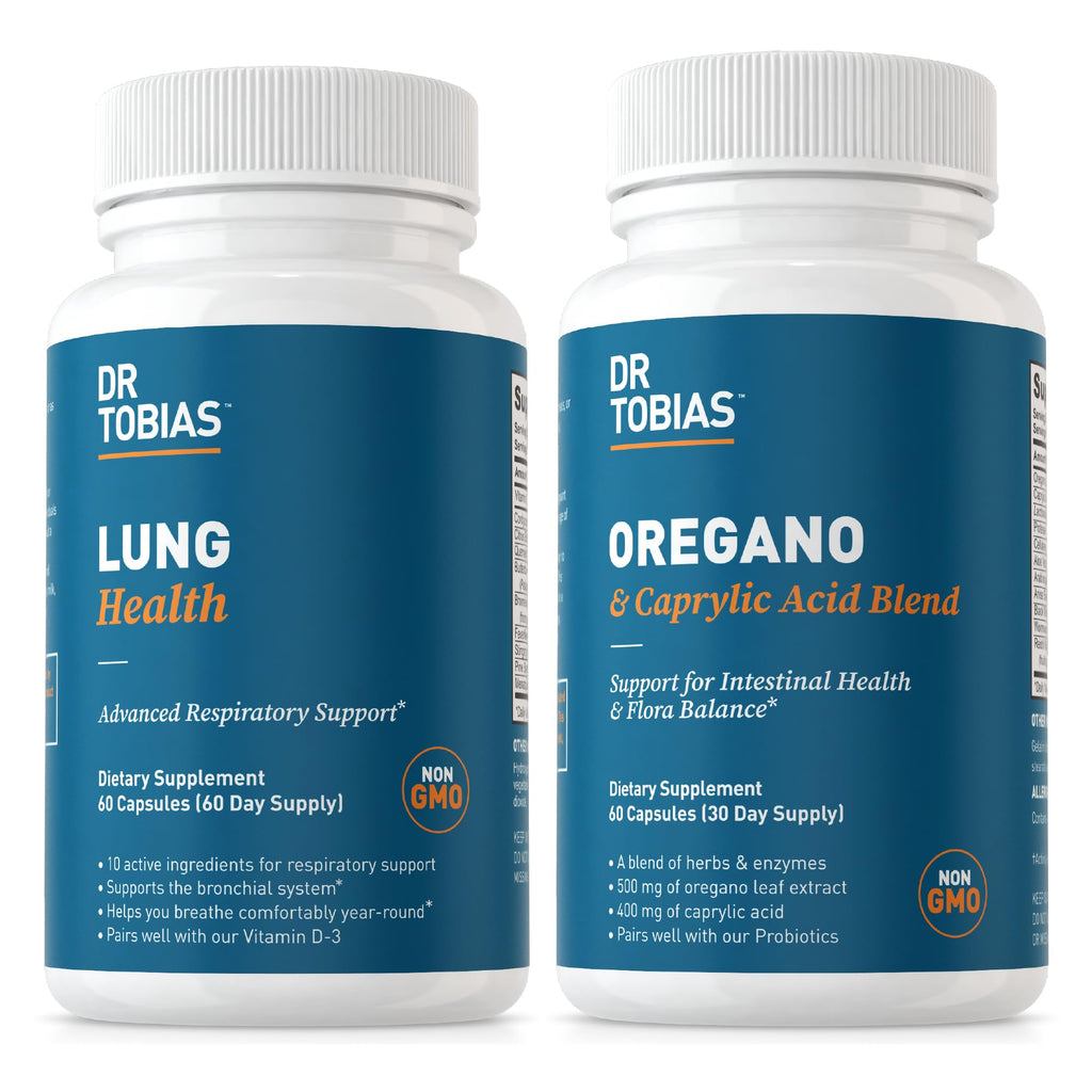 Two bottles of Dr Tobias supplements on a white background