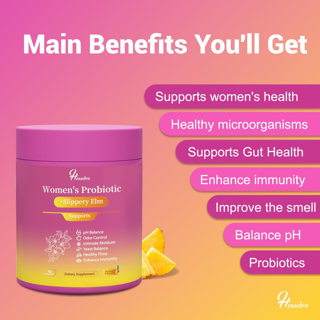 Her Juicy Women's Probiotic Gummies: Supports Women’s Wellness & pH Balance, Clean Vegan, Pineapple Flavor, Prebiotics & Lactobacillus Blend, with Slippery Elm, Gut Health & Immune Defense, 60 Gummies Heawdra buy supplements Au