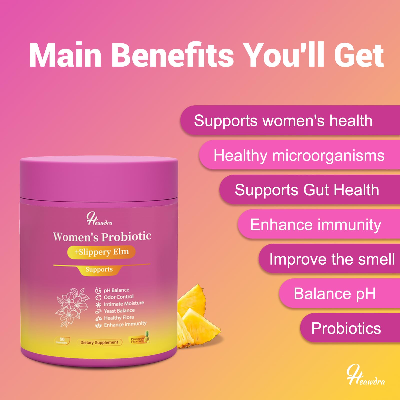 Her Juicy Women's Probiotic Gummies: Supports Women’s Wellness & pH Balance, Clean Vegan, Pineapple Flavor, Prebiotics & Lactobacillus Blend, with Slippery Elm, Gut Health & Immune Defense, 60 Gummies Heawdra buy supplements Au