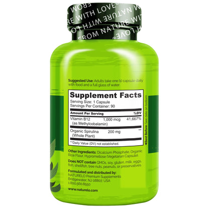 NATURELO Vegan B12 - Methyl B12 with Organic Spirulina - High Potency Vitamin B12 1000 mcg Methylcobalamin - Supports Healthy Mood