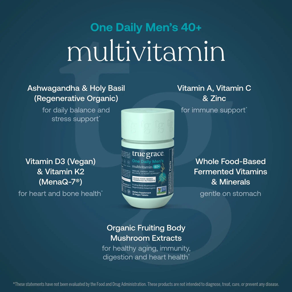 True Grace Men's 40+ One Daily Multivitamin Fermented Minerals, Organic Adaptogens & Mushrooms Whole Body Balance Immune True Grace