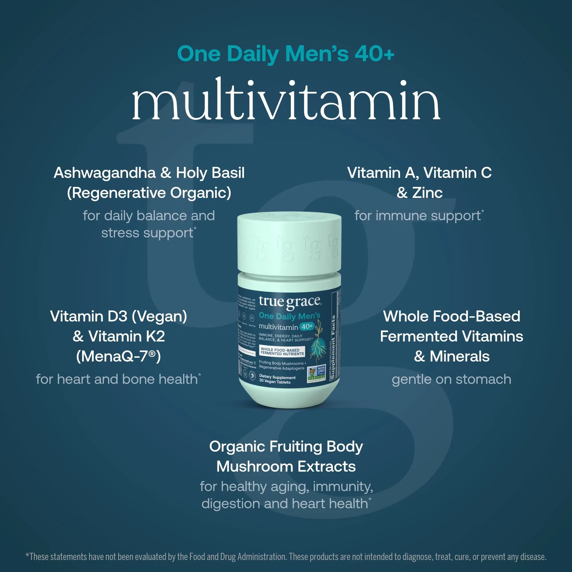 True Grace Men's 40+ One Daily Multivitamin Fermented Minerals, Organic Adaptogens & Mushrooms Whole Body Balance Immune True Grace