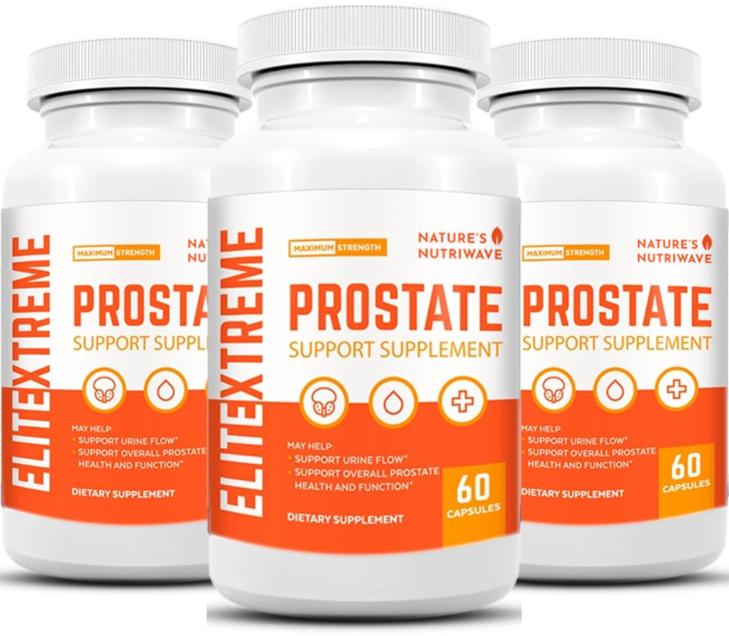 Three bottles of Nature's Nutriwave Prostate Support Supplement on a white background