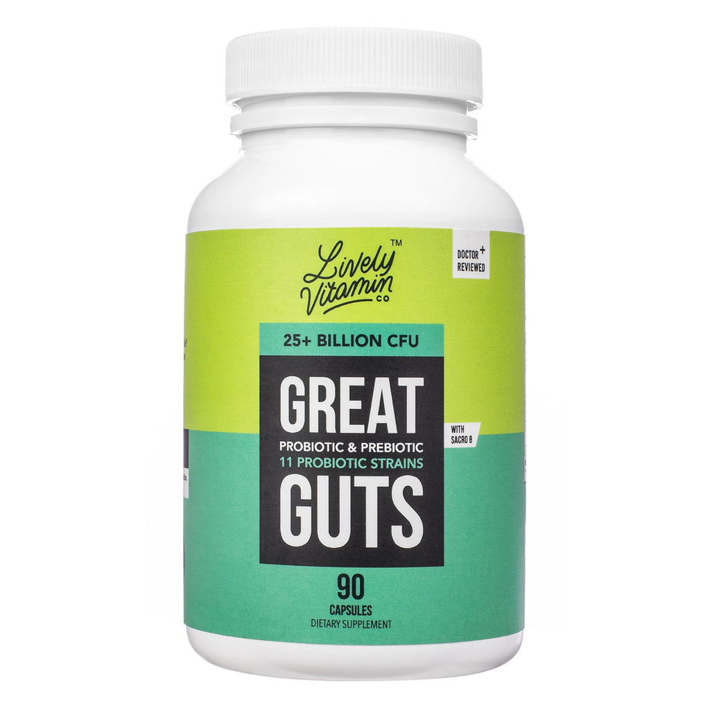 Supplement bottle labeled 'Great Guts' with Lively Vitamin branding on a white background