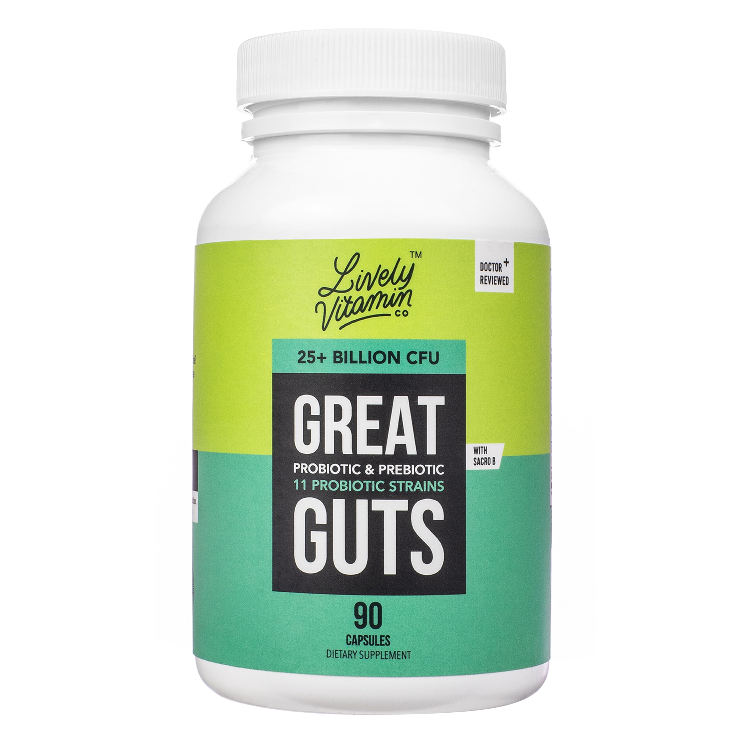 Supplement bottle labeled 'Great Guts' with Lively Vitamin branding on a white background