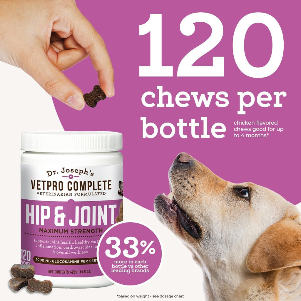 Dr. Joseph's VetPro Complete Dog Hip & Joint Supplement for Arthritis Pain Relief – High-Strength Glucosamine & Chondroitin Chews for Senior Dogs – Vet Formulated Daily Treats, Chicken Flavor, 120 Ct VetPro CompleteBuy Supplements Australia