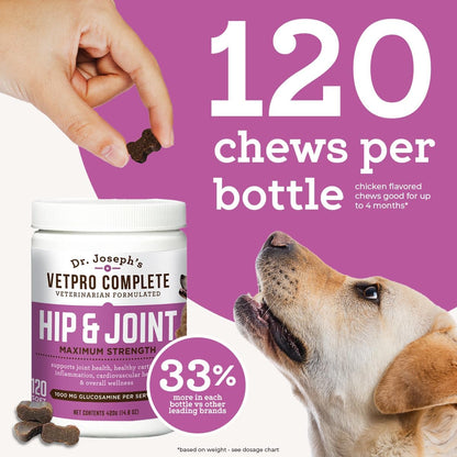 Dr. Joseph's VetPro Complete Dog Hip & Joint Supplement for Arthritis Pain Relief – High-Strength Glucosamine & Chondroitin Chews for Senior Dogs – Vet Formulated Daily Treats, Chicken Flavor, 120 Ct VetPro CompleteBuy Supplements Australia