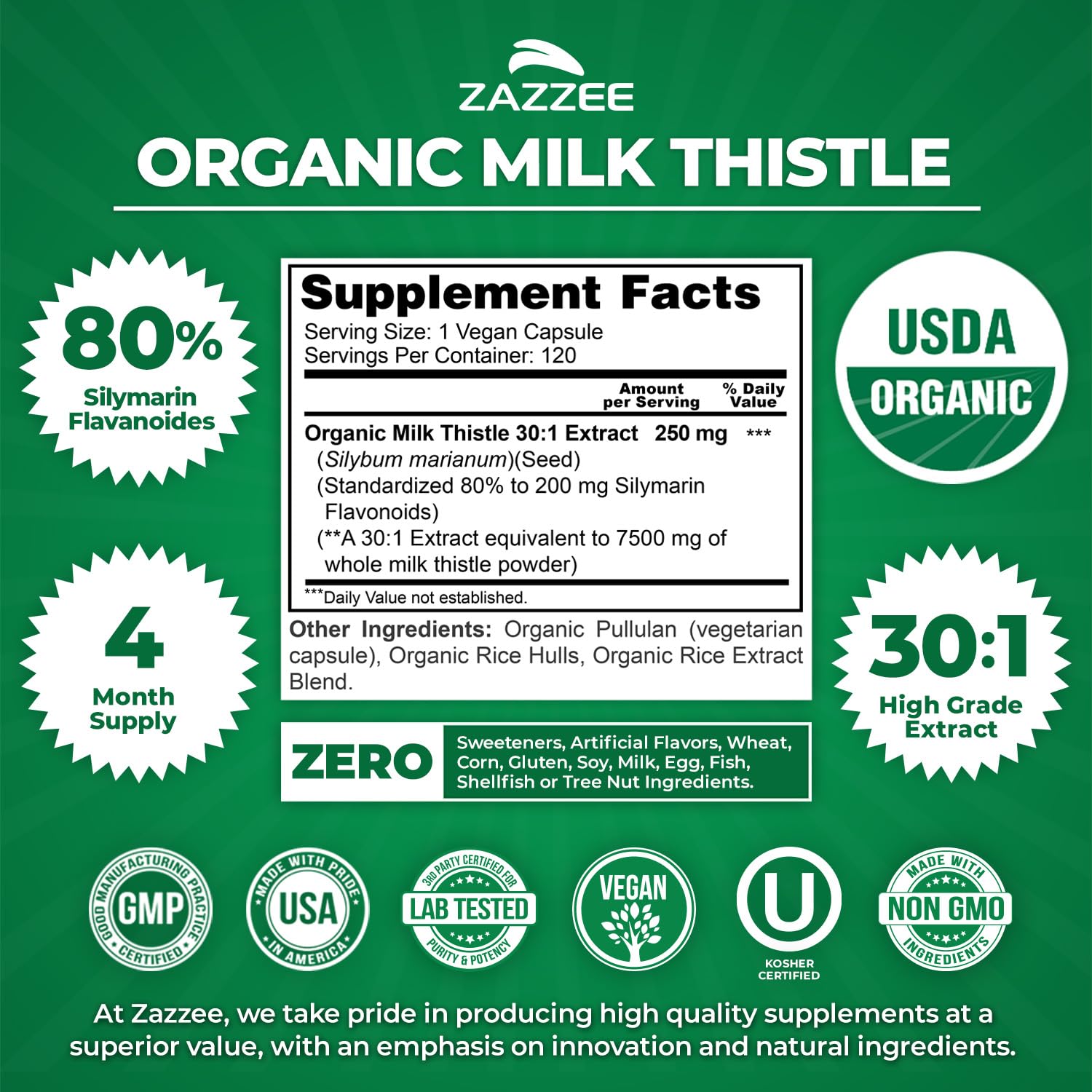 Zazzee USDA Organic Milk Thistle 30:1 Extract, 80% Silymarin, 120 Vegan Capsules, 4 Month Supply, Certified Kosher, High Potency Liver & Antioxidant Support