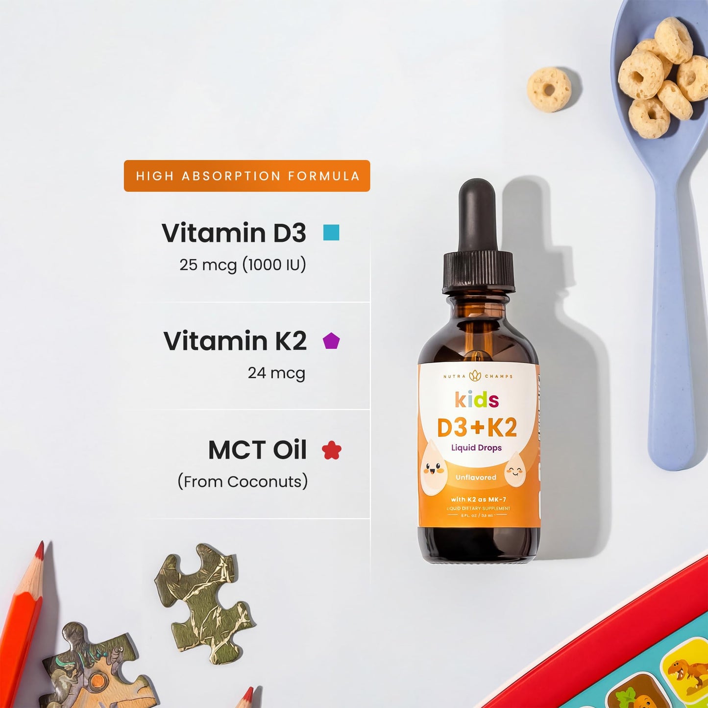 NutraChamps Kids Vitamin D 3 K2 Drops, Vitamin D3 & K2 MK-7, Liquid Vitamin D for Kids 1000 IU, Healthy Bones, Heart & Immune System,