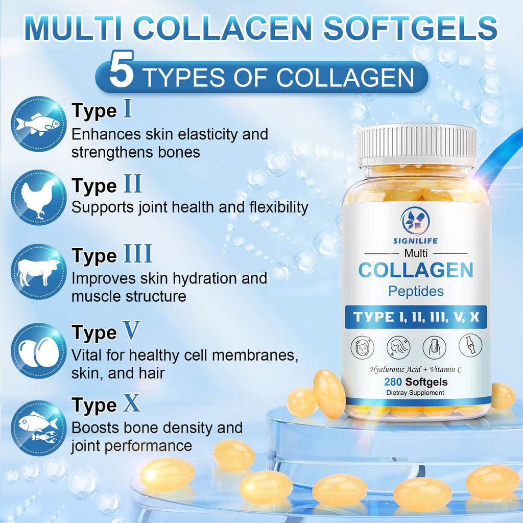 SIGNILIFE Multi Collagen Peptides for Women & Men, Hydrolyzed Collagen Peptides-Type I, II, III, V, X - with Hyaluronic Acid,Vitamin C,Biotin