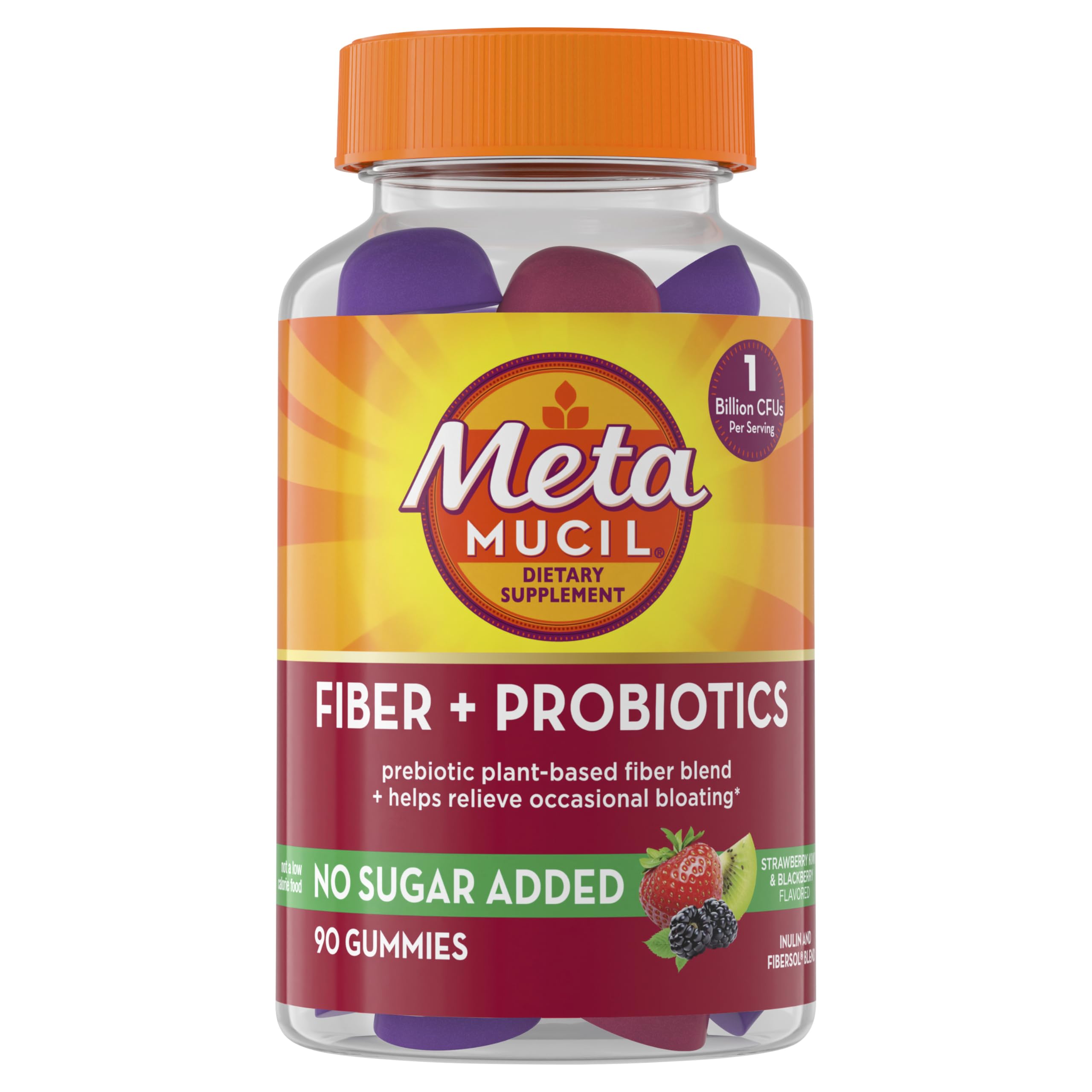 Metamucil Fiber Gummies for Adults with Probiotics for Bloating Relief, No Sugar Added Strawberry Kiwi BlackBerry Flavors, 5g Prebiotic