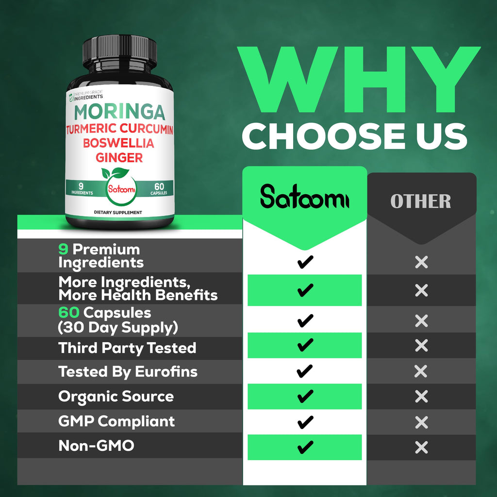 Satoomi 9in1 Moringa Capsules - Featuring Moringa, Turmeric, Boswellia, Ginger, Ashwagandha, Ceylon Cinnamon and Milk Thistle, and Resveratrol | Support Mood, Heart & Overall Health - 60 Count Satoomi buy supplements Au