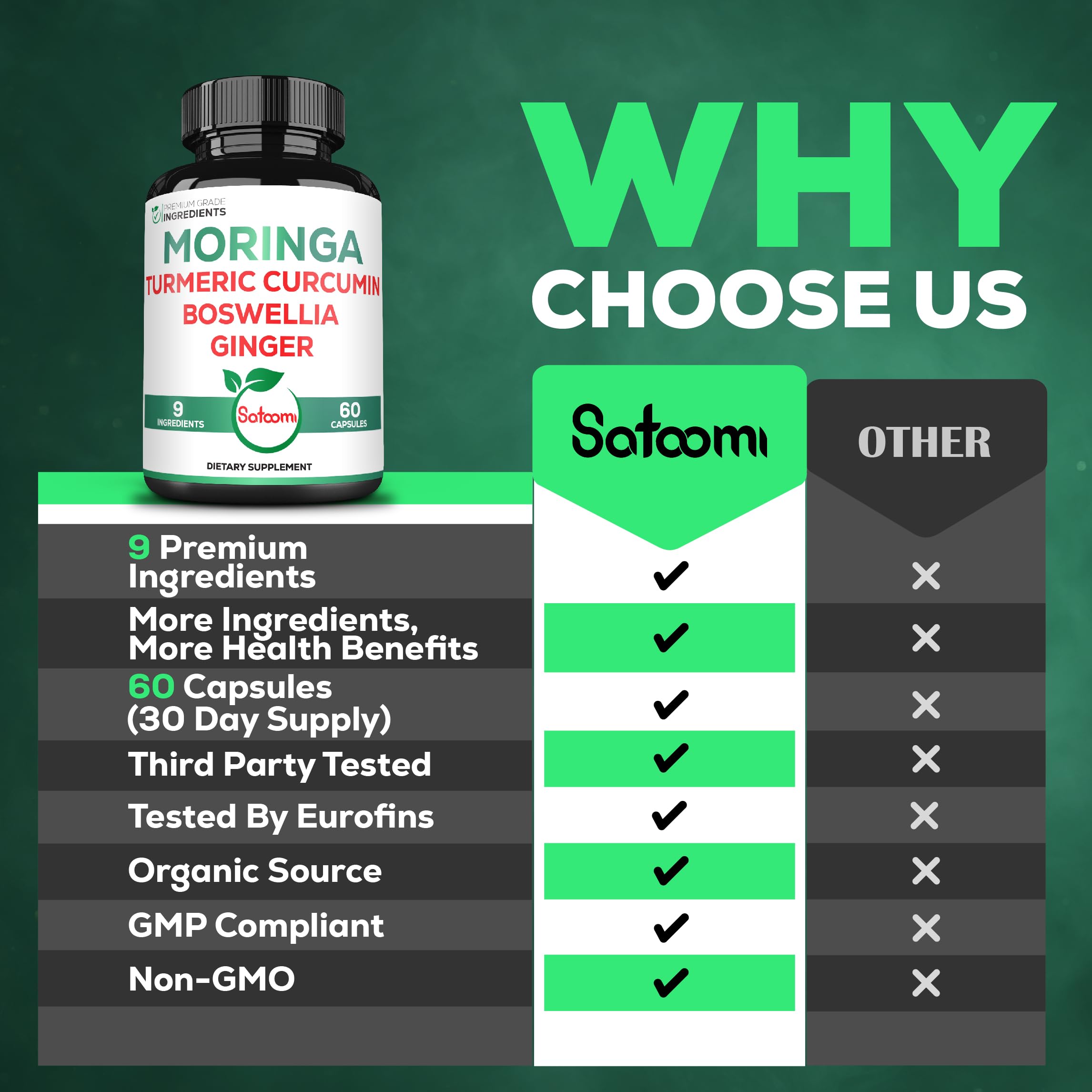 Satoomi 9in1 Moringa Capsules - Featuring Moringa, Turmeric, Boswellia, Ginger, Ashwagandha, Ceylon Cinnamon and Milk Thistle, and Resveratrol | Support Mood, Heart & Overall Health - 60 Count Satoomi buy supplements Au