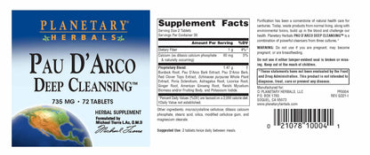 Planetary Herbals PAU D'Arco Deep Cleansing, Herbal Supplement, 735 mg - 72 Tablets Planetary HerbalsBuy Supplements Australia