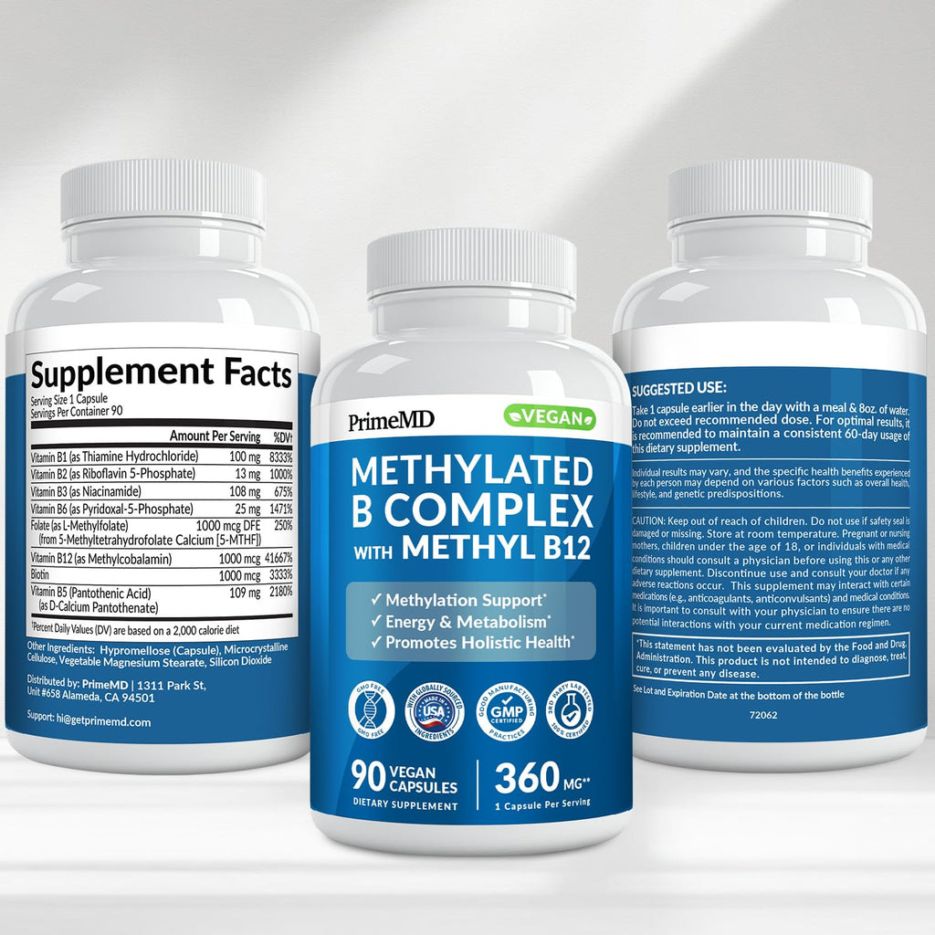 Methylated B Complex with Methylfolate and B12 Methylcobalamin 1000 mcg - Methylated Multivitamin for Energy, Brain Function, and Wellness - Vitamin B Complex for Men & Women (90 Servings) (Pack of 1) PrimeMDBuy Supplements Australia