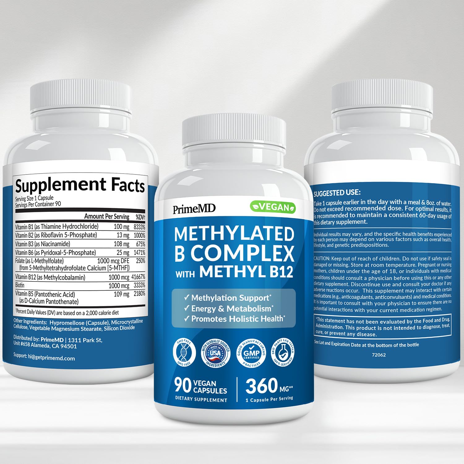 Methylated B Complex with Methylfolate and B12 Methylcobalamin 1000 mcg - Methylated Multivitamin for Energy, Brain Function, and Wellness - Vitamin B Complex for Men & Women (90 Servings) (Pack of 1) PrimeMDBuy Supplements Australia