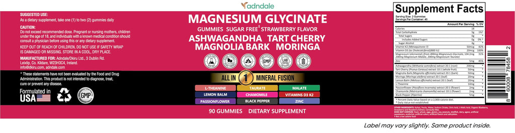 Adndale Magnesium Glycinate 400 mg Gummies with Ashwagandha, Magnesium Malate & Taurate, Tart Cherry, Magnolia Bark, Lemon Balm, Passionflower
