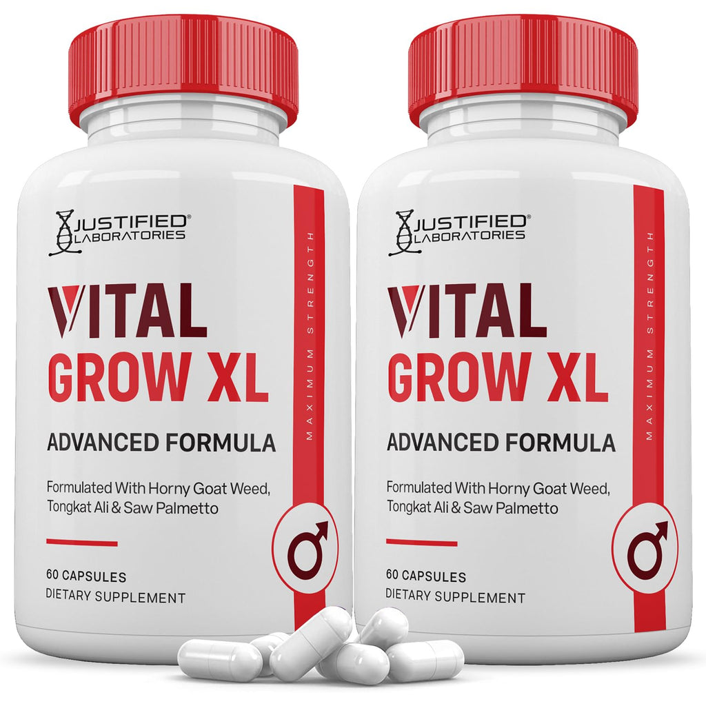 Two bottles of Justified Laboratories Vital Grow XL dietary supplements on a white background