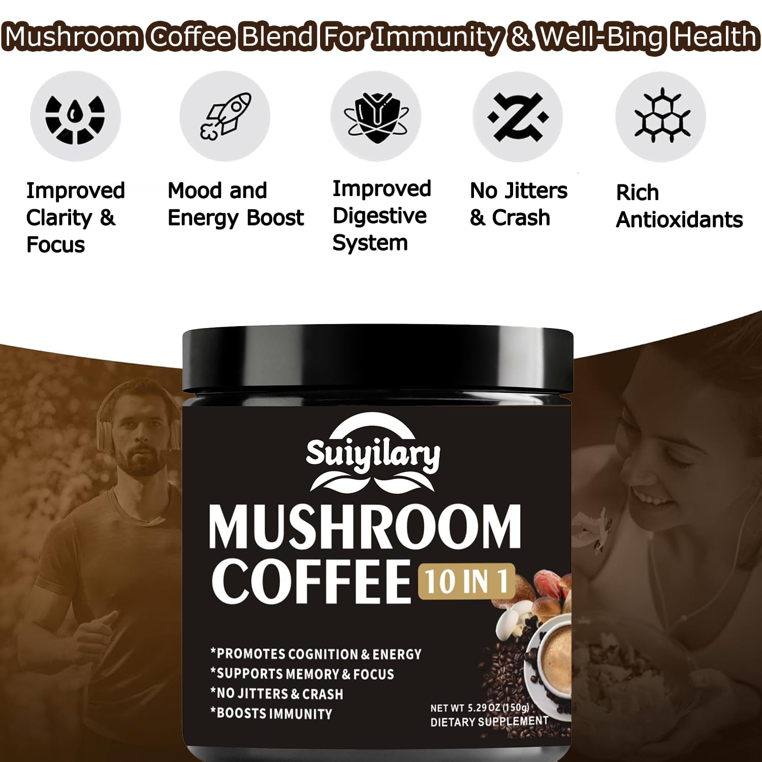 Suiyilary Mushroom Coffee, 10 Mushroom Extract Powder Blend Lion's Mane, Reishi, Chaga
