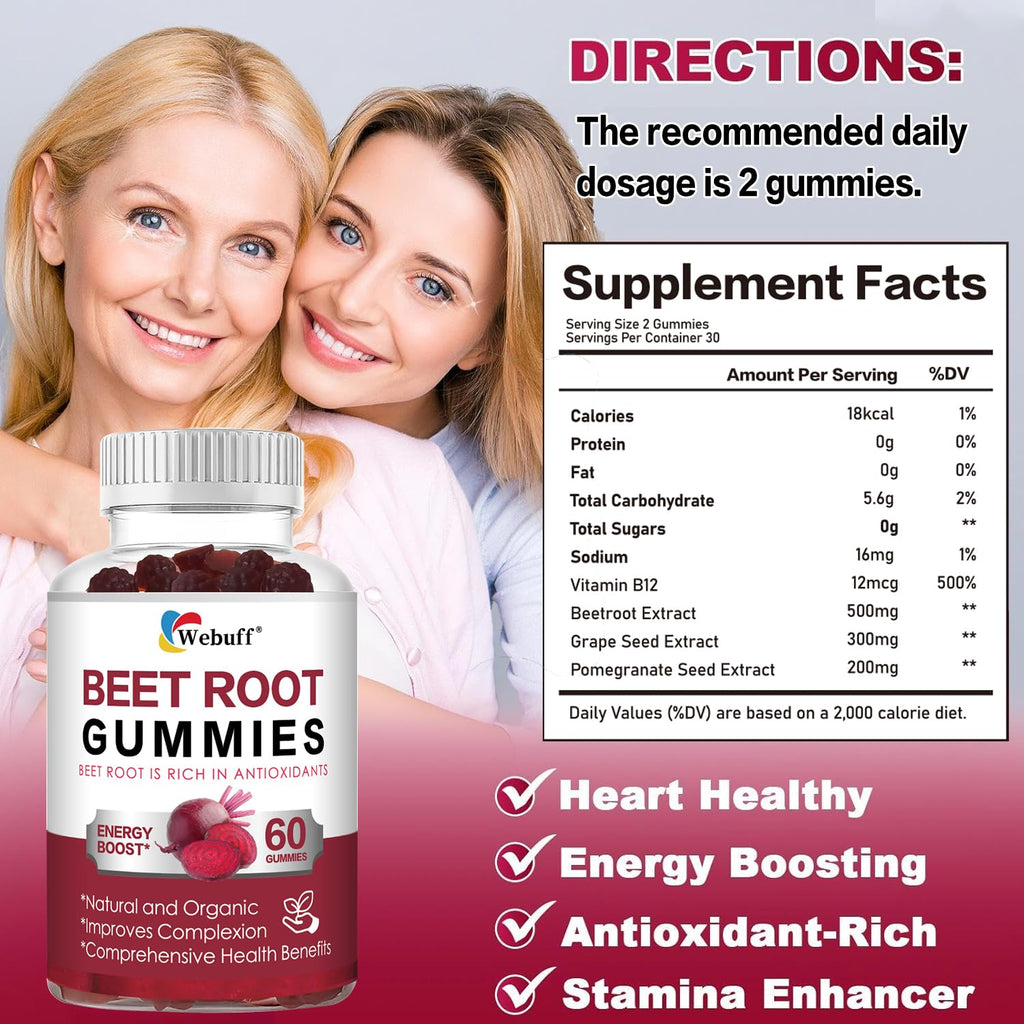 Webuff Beet Root Gummies - Nitric Oxide Booster with Organic Beet, Pomegranate & Grape Seed, Vitamin B12 - Energy, Circulation & Heart Health Support, Vegan, Non-GMO, 60 Count (Pack of 1) Webuff buy supplements Au