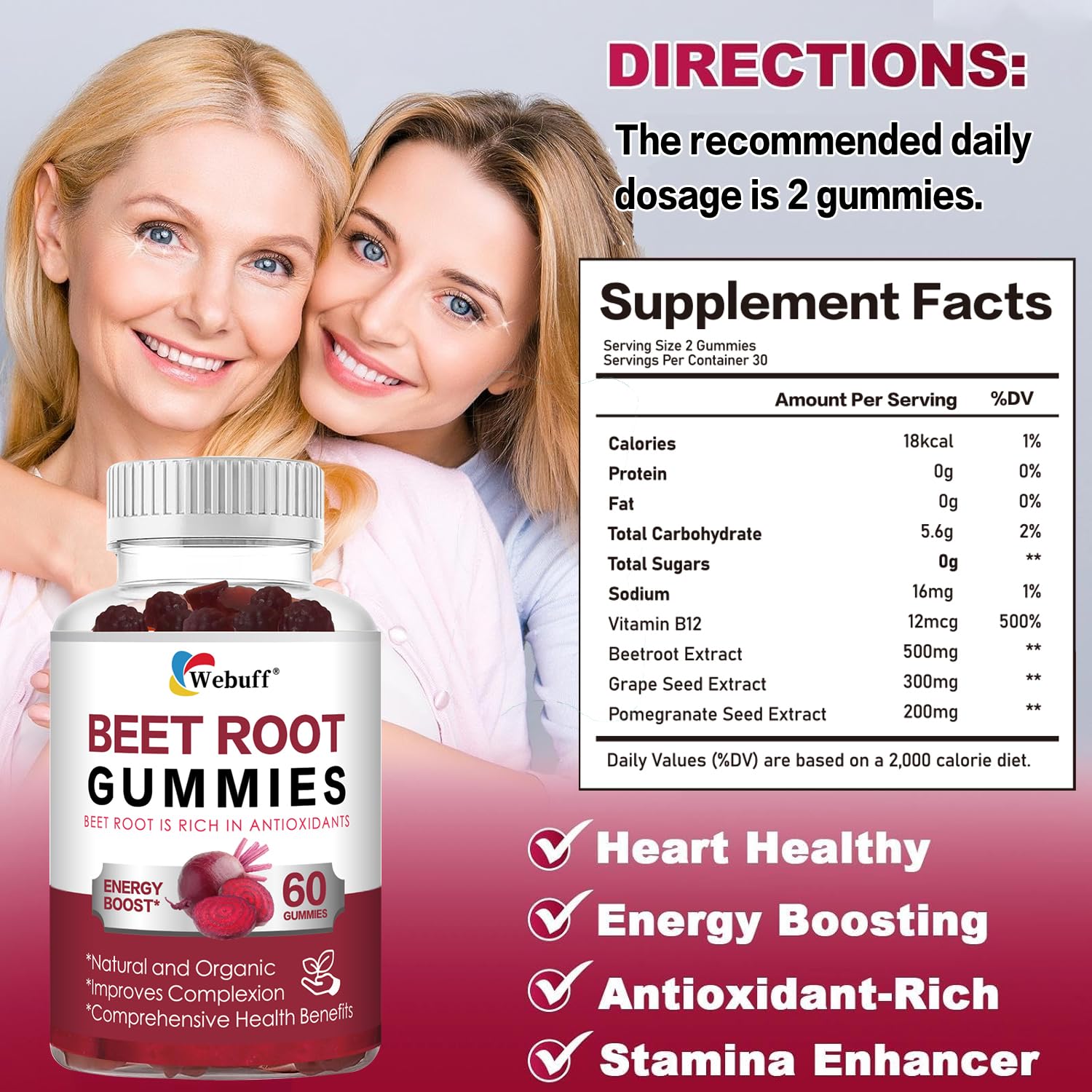 Webuff Beet Root Gummies - Nitric Oxide Booster with Organic Beet, Pomegranate & Grape Seed, Vitamin B12 - Energy, Circulation & Heart Health Support, Vegan, Non-GMO, 60 Count (Pack of 1) Webuff buy supplements Au
