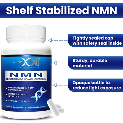 Genex Formulas NMN 250mg - Stabilized Form (60 Capsules), 99% Pure Supplement Capsules for Increased NAD Levels, DNA Repair