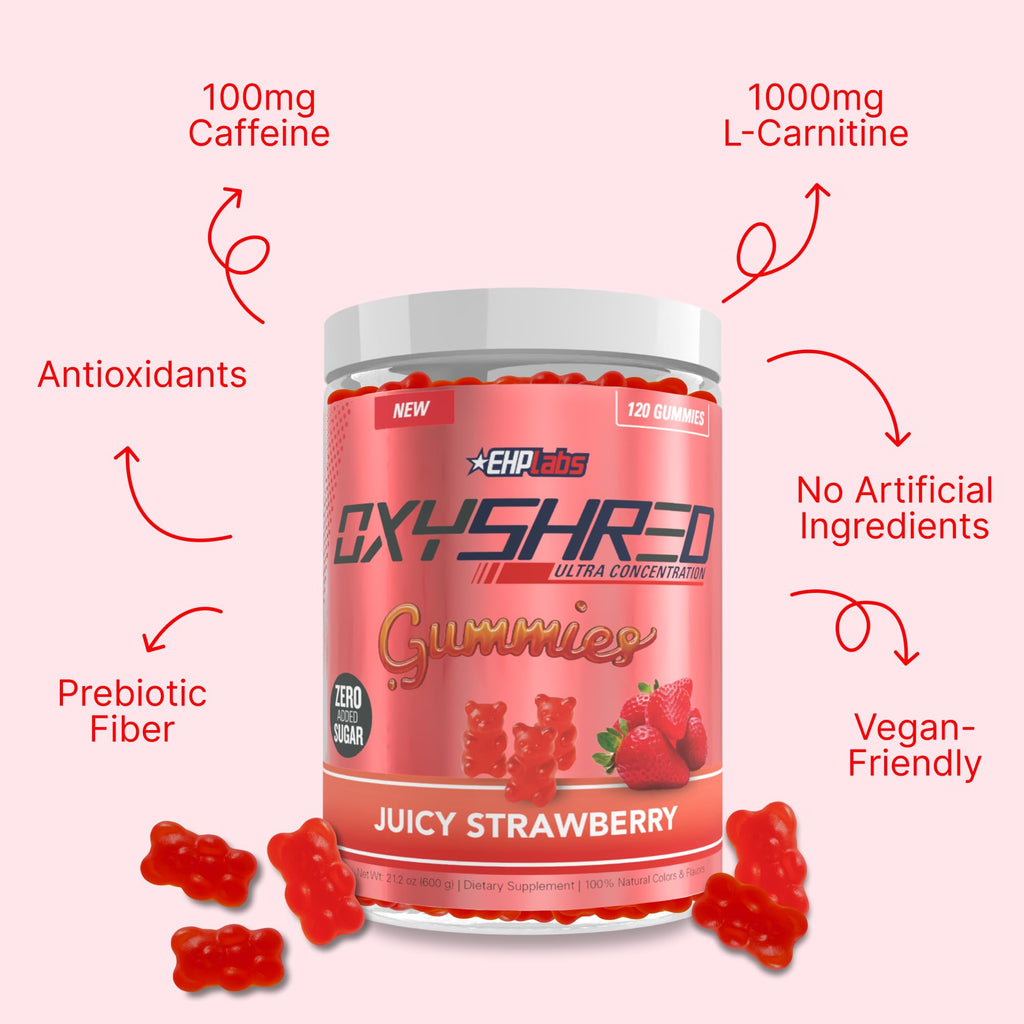 EHP Labs OxyShred Gummies - Pre Workout Gummies & Energy Chews with 100mg Caffeine, L-Carnitine for Thermo & Metabolic Support, All Natural Energy Boost