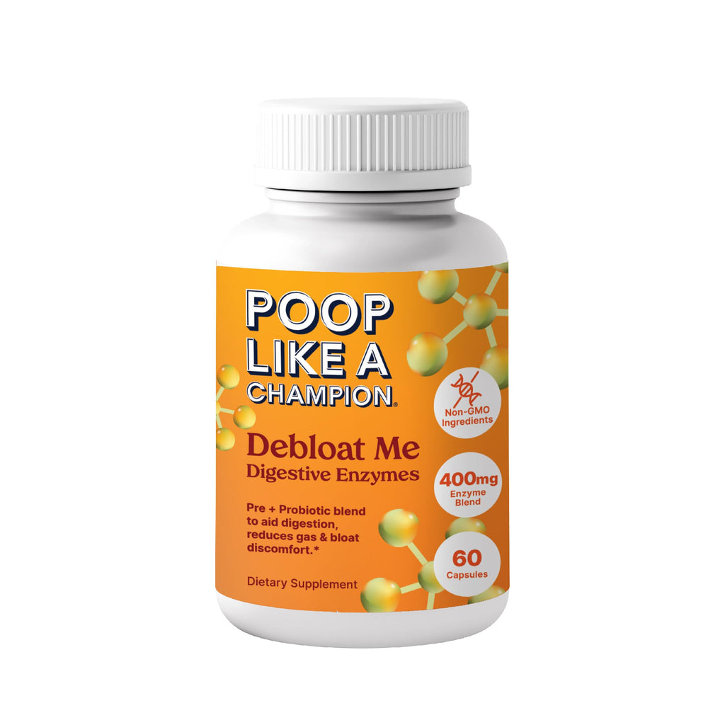 Supplement bottle labeled 'Poop Like a Champion' on an orange background