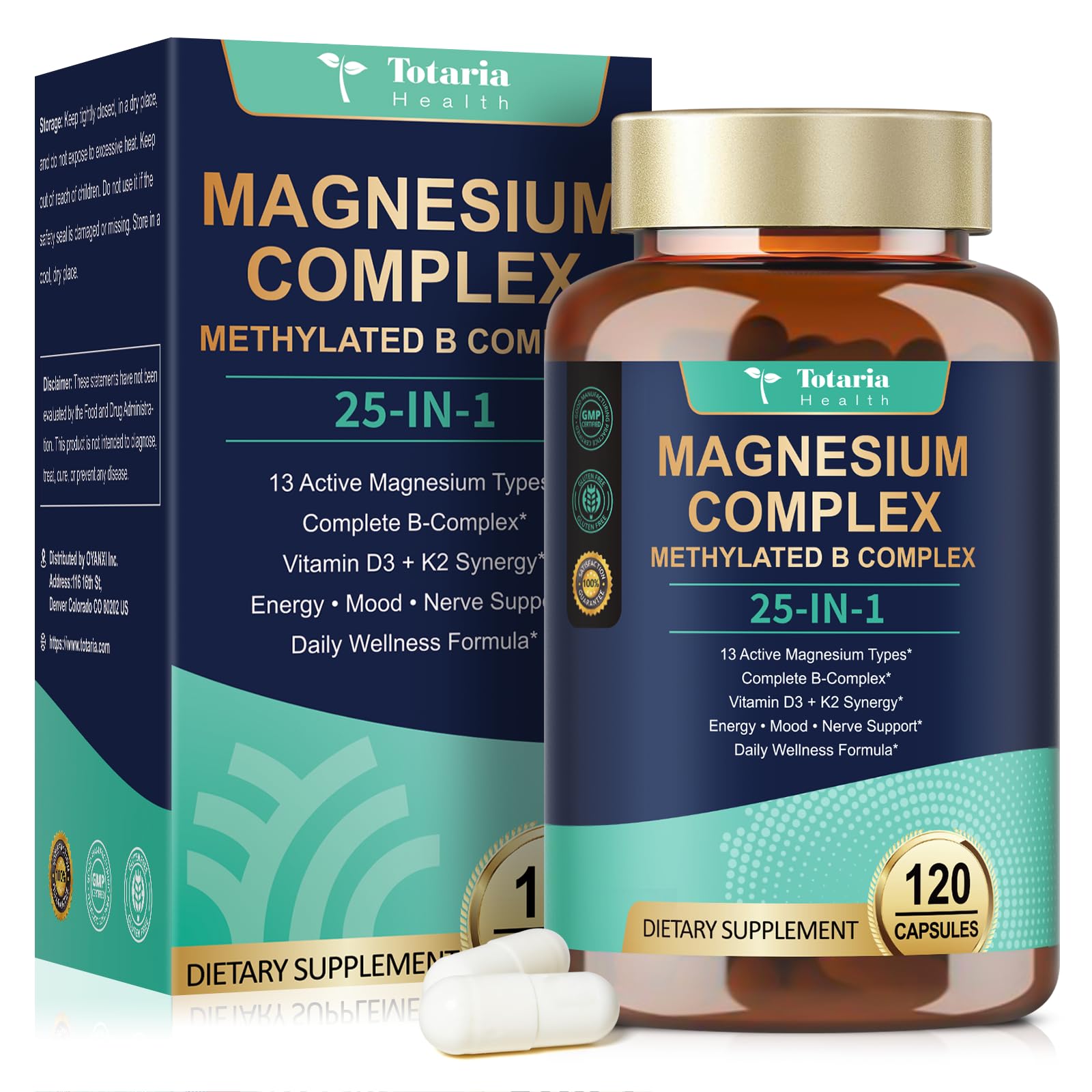 Supplement bottle and packaging of Totaria Health Magnesium Complex Methylated B Complex on a white background