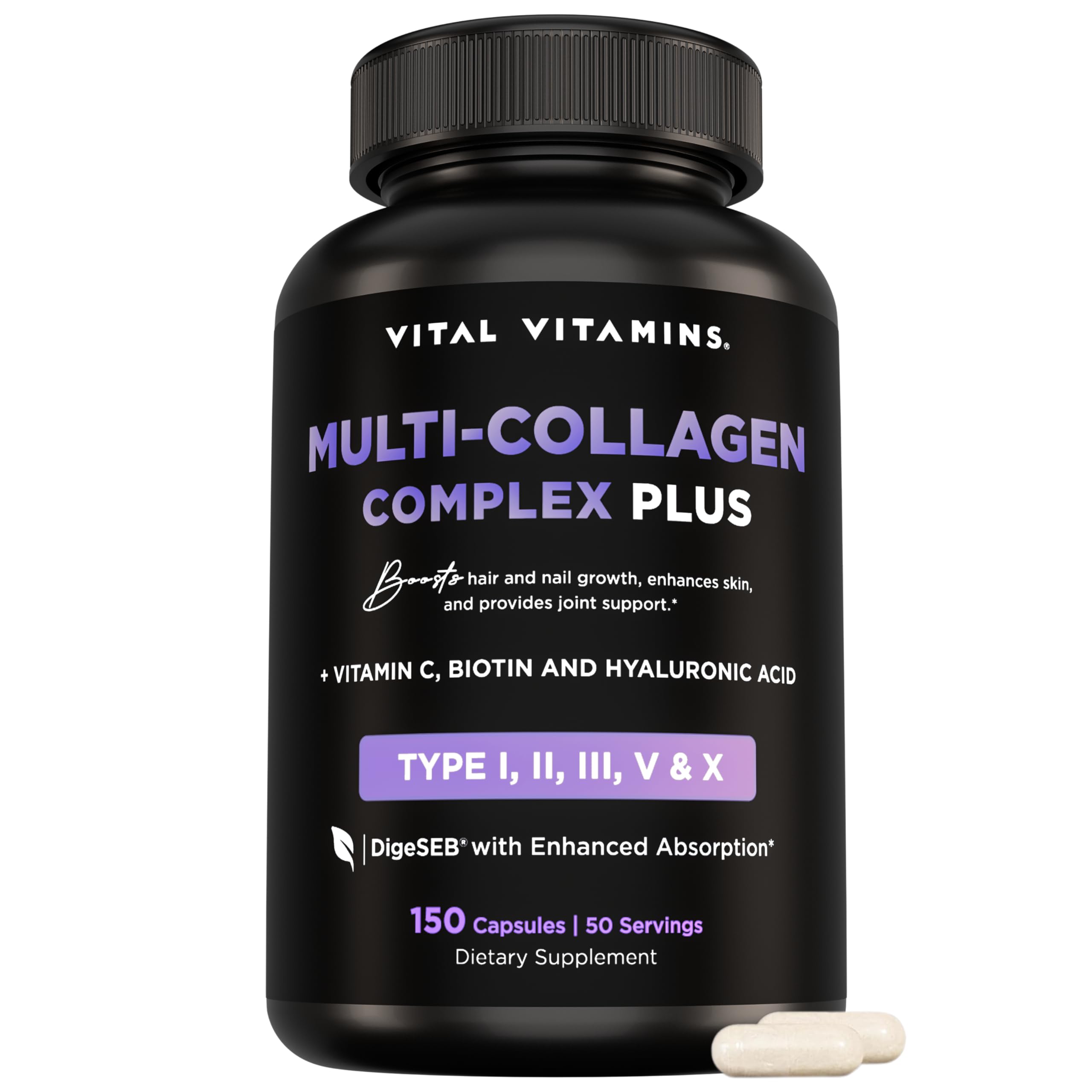 Vital Vitamins Multi Collagen Complex Plus - with Biotin, Hyaluronic Acid, Vitamin C - Type I, II, III, V, X - for Women & Men - Hair, Skin, Nails Beauty Complex - 150 Capsules Vital Vitamins buy supplements Au