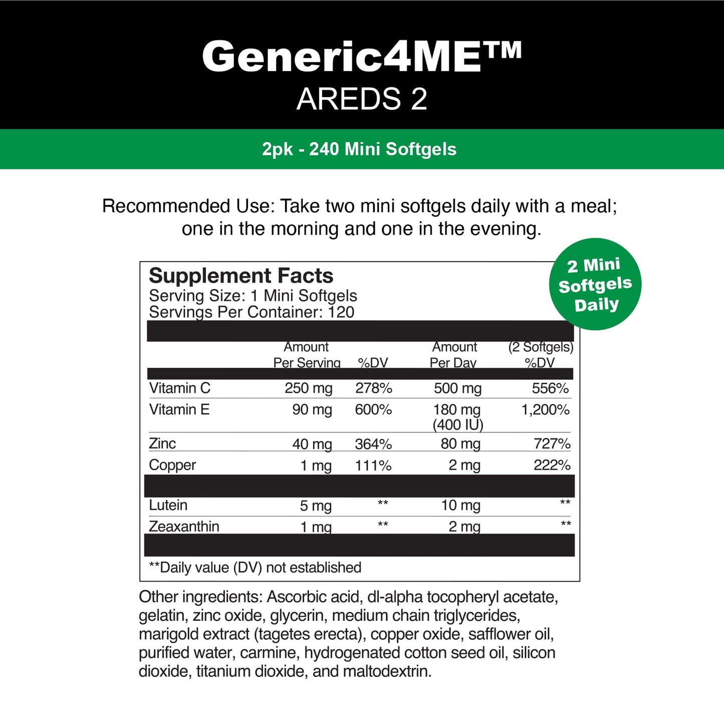 GENERIC4ME AREDS 2 SoftGels, 500 mg Vitamin C, 400 IU Vitamin E, 10 mg Lutein, 2 mg Zeaxanthin, 80 mg Zinc, 2 mg Copper - Supports Eye Health - 120 Mini SoftGels (Two Month Supply) Generic4MEBuy Supplements Australia