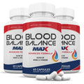 Three bottles of 'Blood Balance Max' dietary supplements with white capsules on a white background.