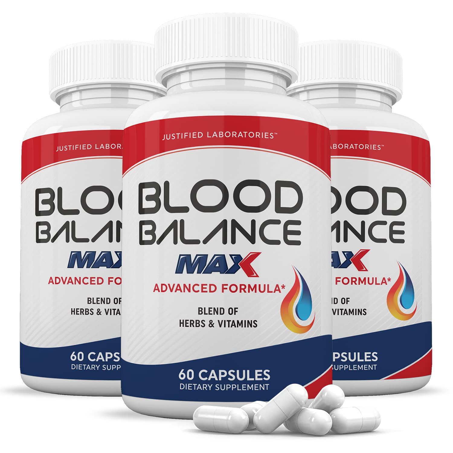 Three bottles of 'Blood Balance Max' dietary supplements with white capsules on a white background.