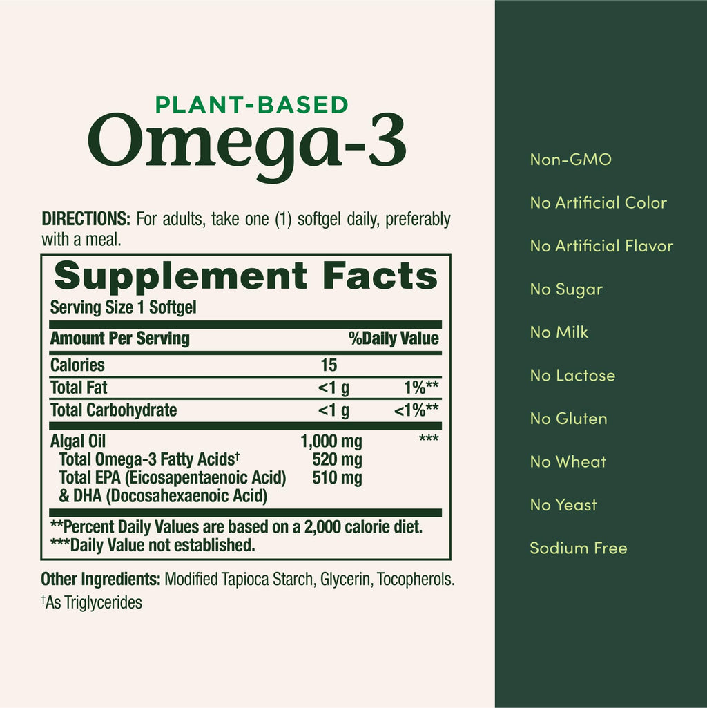 Nature's Bounty Omega 3, Plant-Based Omega 3 Fatty Acid Supplement, 520mg, Supports Whole Body Health Including Heart, Skin, Joint