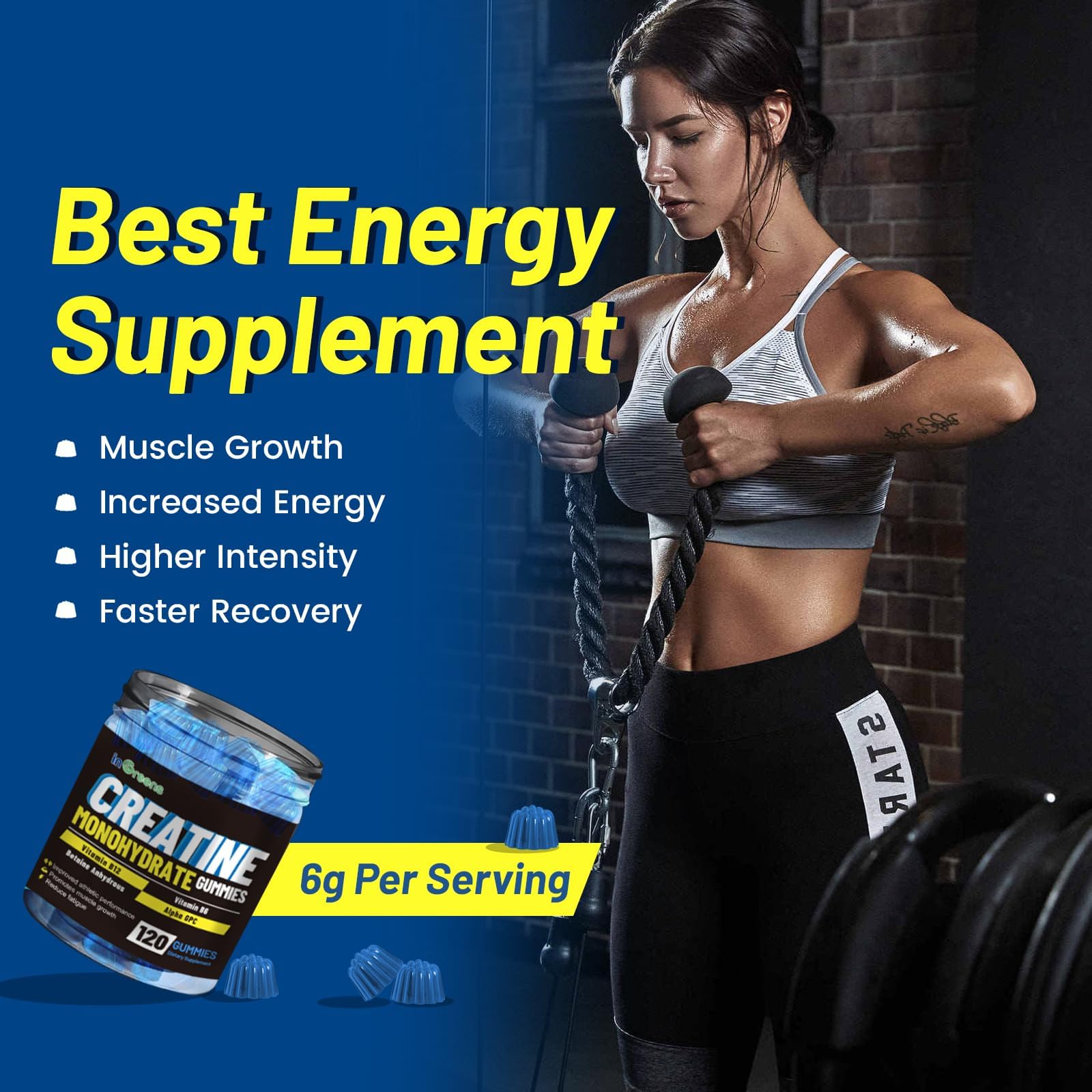 inGreens Creatine Monohydrate Gummies 6g per Serving, Sugar Free Creatine Supplements for Men & Women, Chewable Creatine for Muscle Growth, Strength, Energy