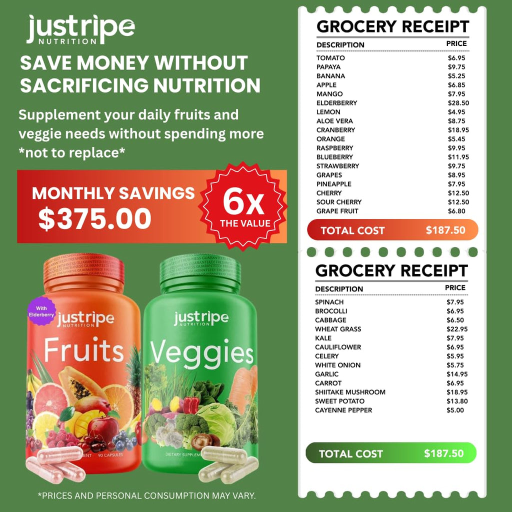 Fruits and Veggies Supplement - 90 Fruit and 90 Vegetable Capsules - 100% Whole Natural Superfood - Filled with Super Greens Vitamins and Minerals - Supports Balance Energy Levels (1 Pack) Just Ripe NutritionBuy Supplements Australia
