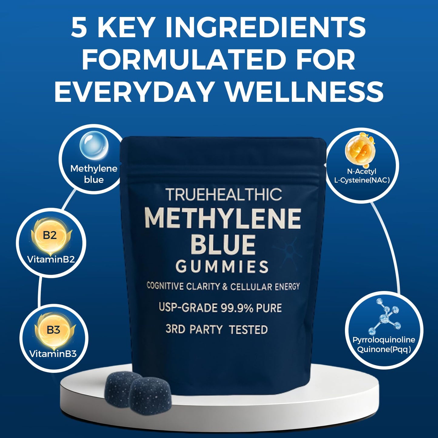 TRUEHEALTHIC Methylene Blue Gummies, for Cognitive Support & Mental Focus, Clean 5mg of Methylene Blue Per Gummy,