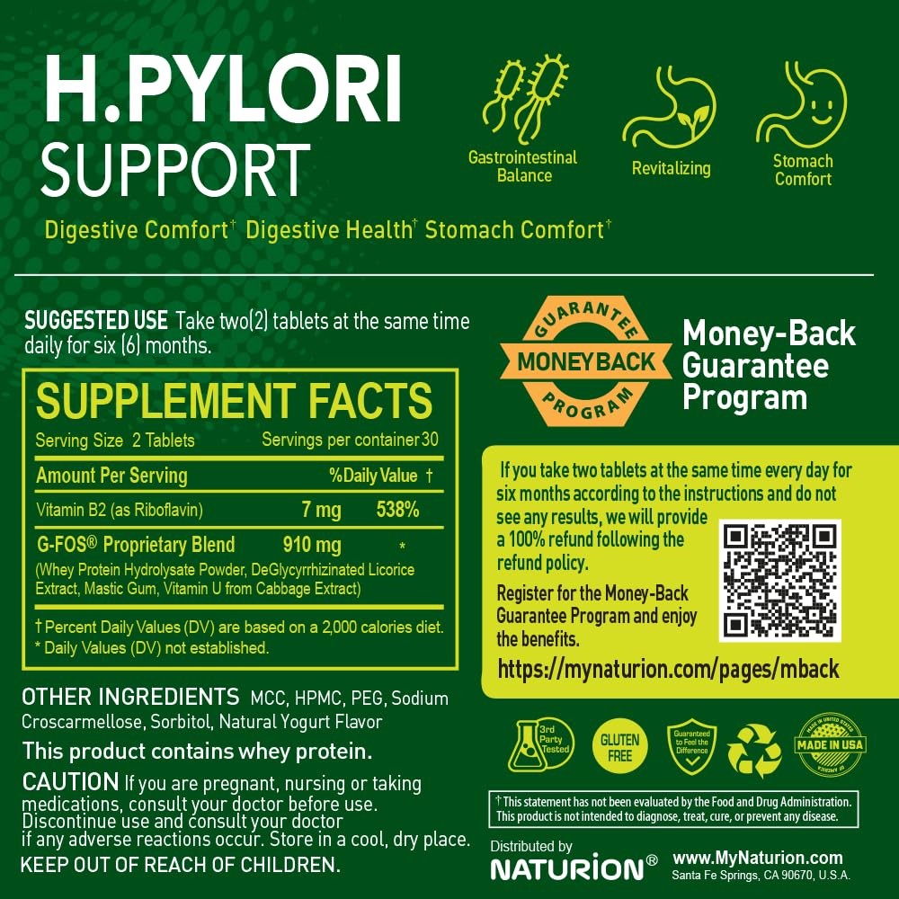 NATURION H. Pylori Support - Digestive Health Supplement with G-FOS Blend, Whey Protein, Licorice, Mastic Gum, Vitamin U, and Vitamin B2 - Stomach Comfort & Gut Balance - 60 Tablets, 30 Day Supply NATURION buy supplements Au