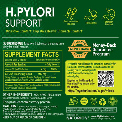NATURION H. Pylori Support - Digestive Health Supplement with G-FOS Blend, Whey Protein, Licorice, Mastic Gum, Vitamin U, and Vitamin B2 - Stomach Comfort & Gut Balance - 60 Tablets, 30 Day Supply NATURION buy supplements Au