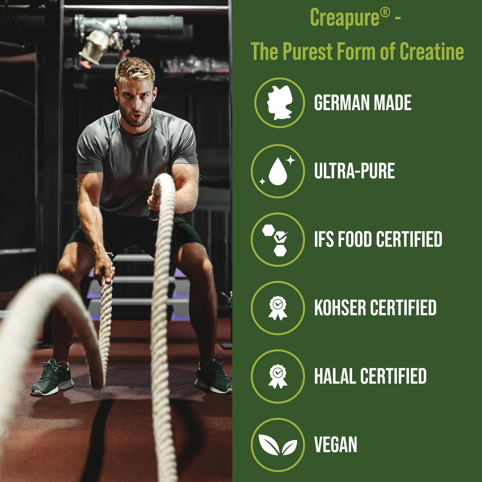 Creapure Creatine Monohydrate Powder. Ultra High Purity German Made Creatine with Nothing Else Added at All. Pure and Unflavored for Men & Women.