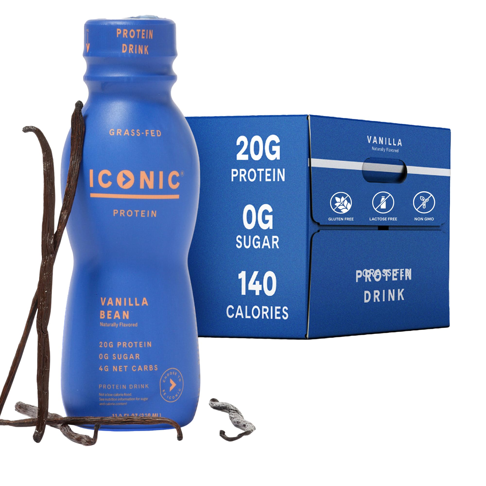 Iconic Protein Drinks, Vanilla Bean (12 Pack) - Sugar Free & Low Carb - 20g Grass Fed Protein - Lactose Free, Gluten Free, Non-GMO, Kosher - Keto Friendly Protein Shakes ICONIC buy supplements Au