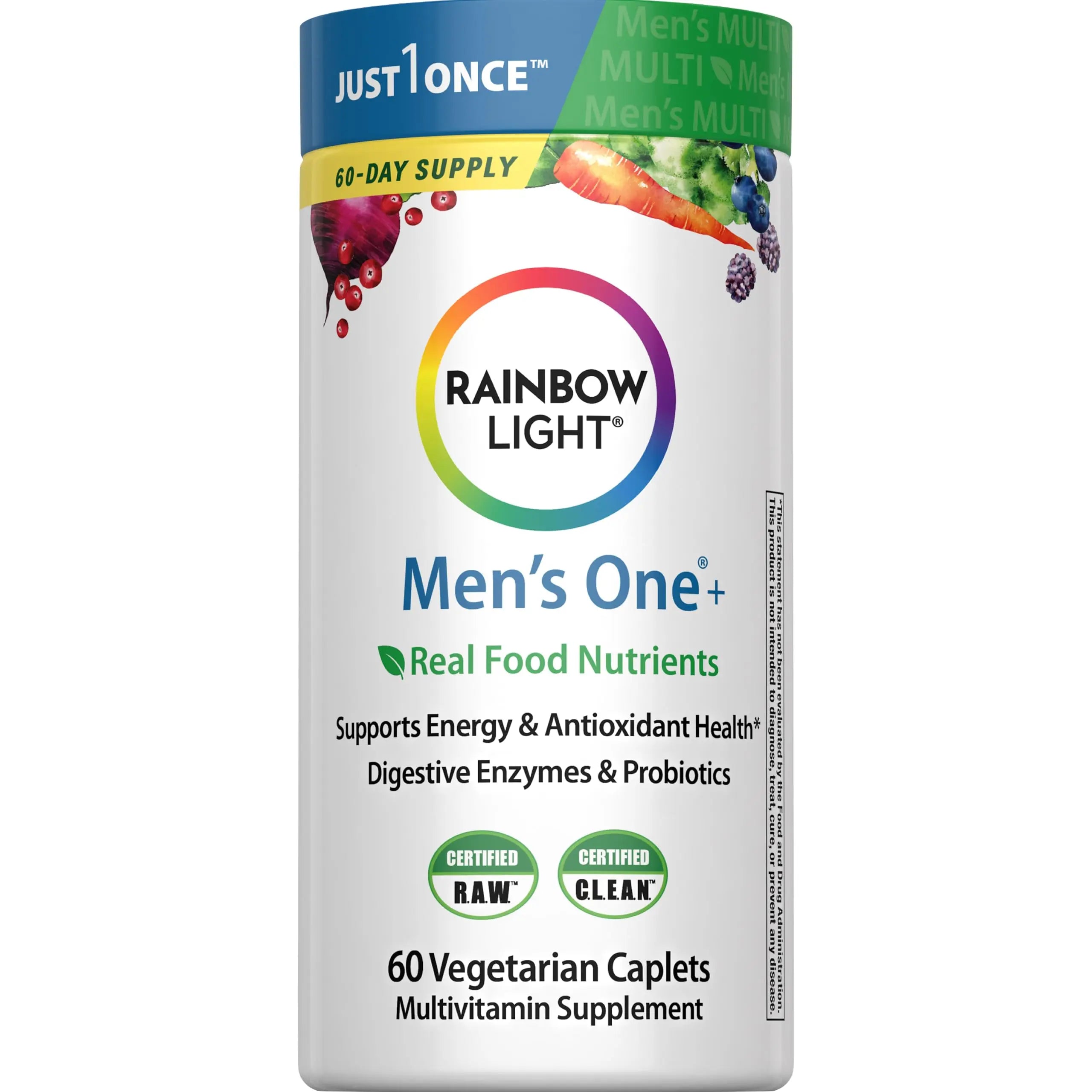 Rainbow Light Mens Multivitamin One + | 60 Caplets | Supports Energy & Antioxidant Health | with Real Food Nutrients, Digestive Enzymes & Probiotics Rainbow Light