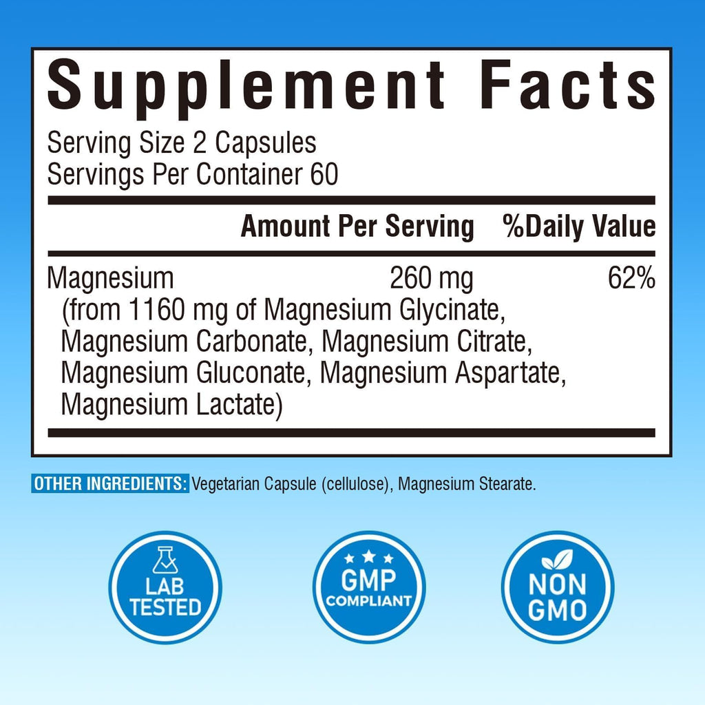 Vitalibre 6 in 1 Magnesium Complex for Women Men, 260mg Elemental Magnesium | Max Absorption | Chelated Magnesium Supplement for Bone, Relaxation & Nerves Support | Non-GMO, 120 Vegan Capsules Vitalibre buy supplements Au