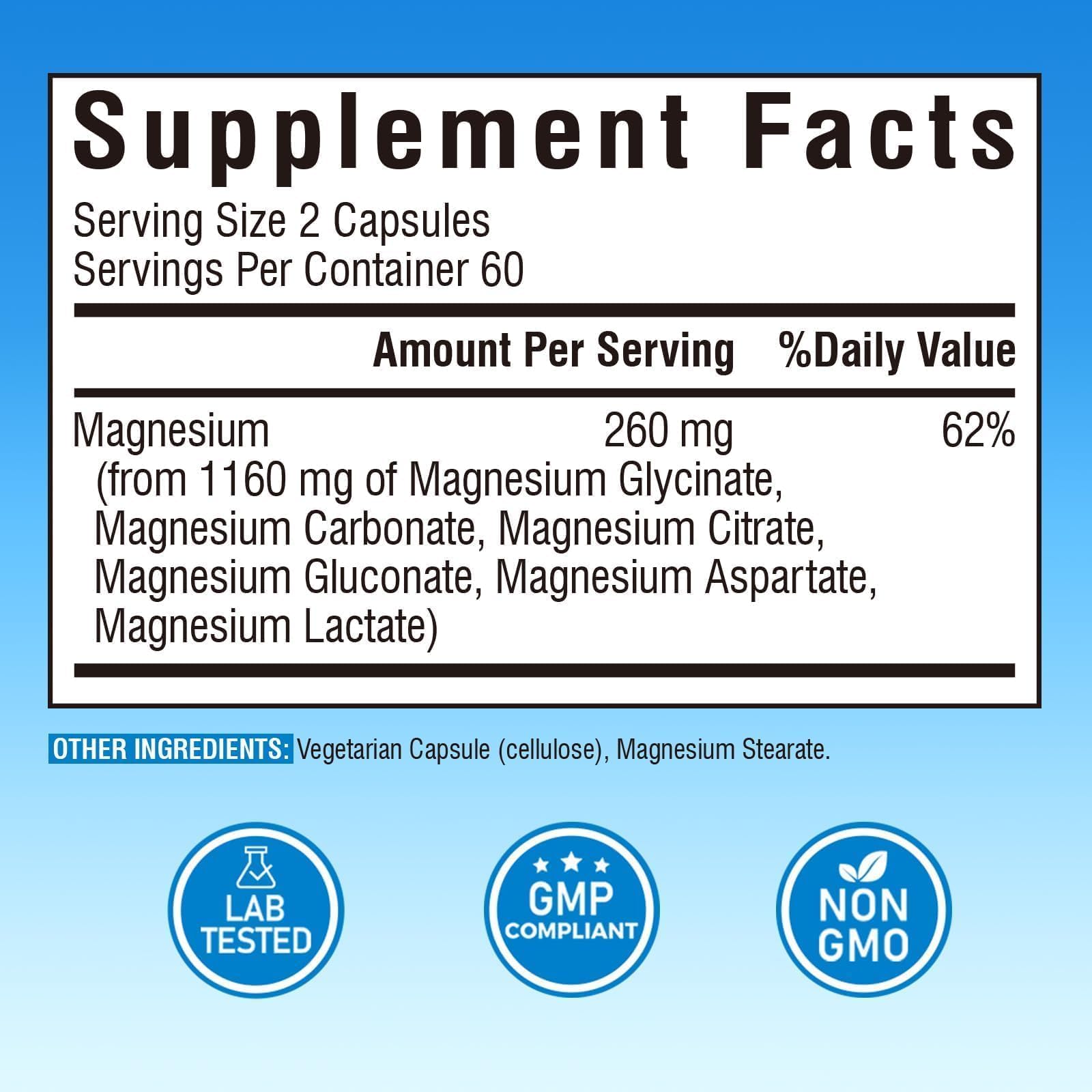 Vitalibre 6 in 1 Magnesium Complex for Women Men, 260mg Elemental Magnesium | Max Absorption | Chelated Magnesium Supplement for Bone, Relaxation & Nerves Support | Non-GMO, 120 Vegan Capsules Vitalibre buy supplements Au