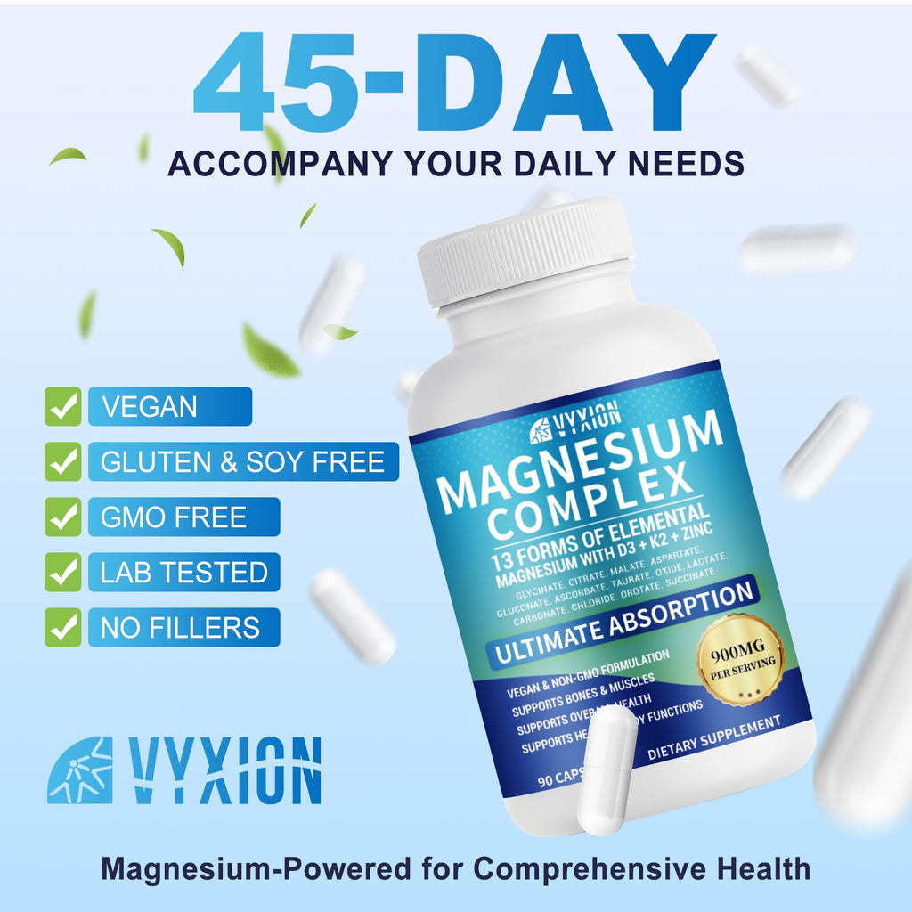 VYXION Magnesium Complex 900mg per Serving – High Absorption Magnesium Glycinate with Vitamin D3 K2 Zinc & B Vitamins – Sleep, Calm, Muscle & Nerve Support – 90 Capsules Vyxion buy supplements Au