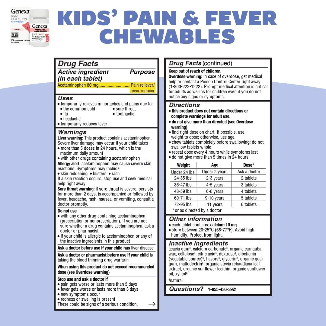 Genexa Kids' Clean Pain & Fever Acetaminophen Bundle | Relieves Fever & Minor Aches and Pain | Dye Free, 0% Artificial Additives | Chewable Tablets & Liquid Oral Suspension for Children Aged 2-11 GenexaBuy Supplements Australia