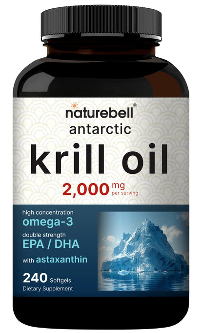 NatureBell Antarctic Krill Oil 2000mg Supplement, 240 Softgels, 3X Strength Natural Source of Omega-3s, EPA 240mg + DHA 160mg + Astaxanthin 800mcg