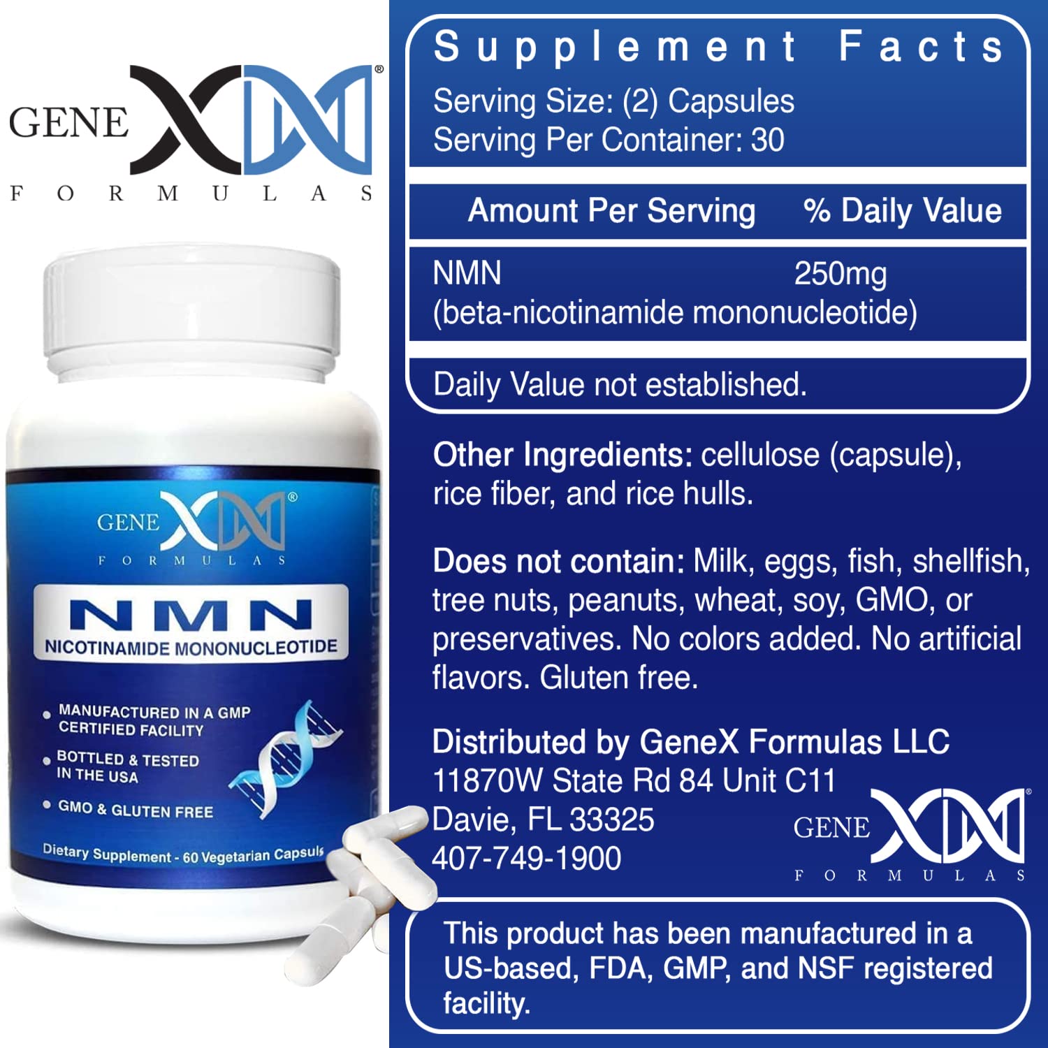 Genex Formulas NMN 250mg - Stabilized Form (60 Capsules), 99% Pure Supplement Capsules for Increased NAD Levels, DNA Repair